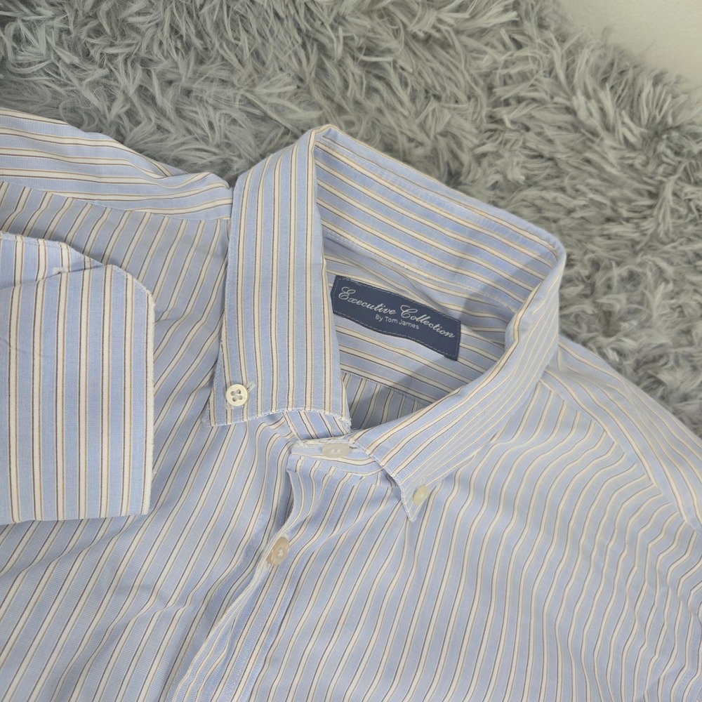 Tom‎ James Executive Collection Dress Shirt Mens XL Blue Tan Striped Button Down